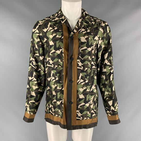 FENDI Size M Green Brown Abstract Silk Button Up Long Sleeve Shirt - Picture 1 of 7